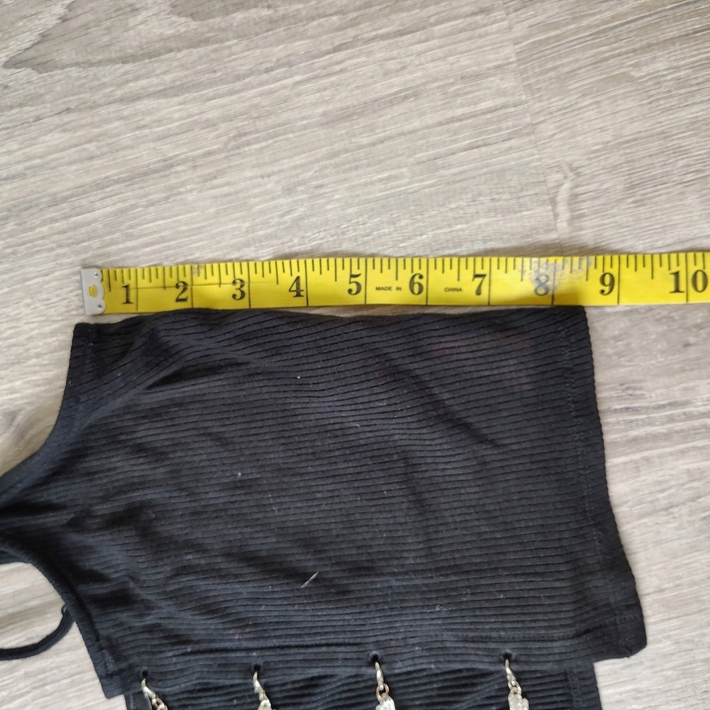 Forever 21 Black Ribbed Halter Crop Top Rhinestone Chain Detail Size Medium - Picture 5 of 7